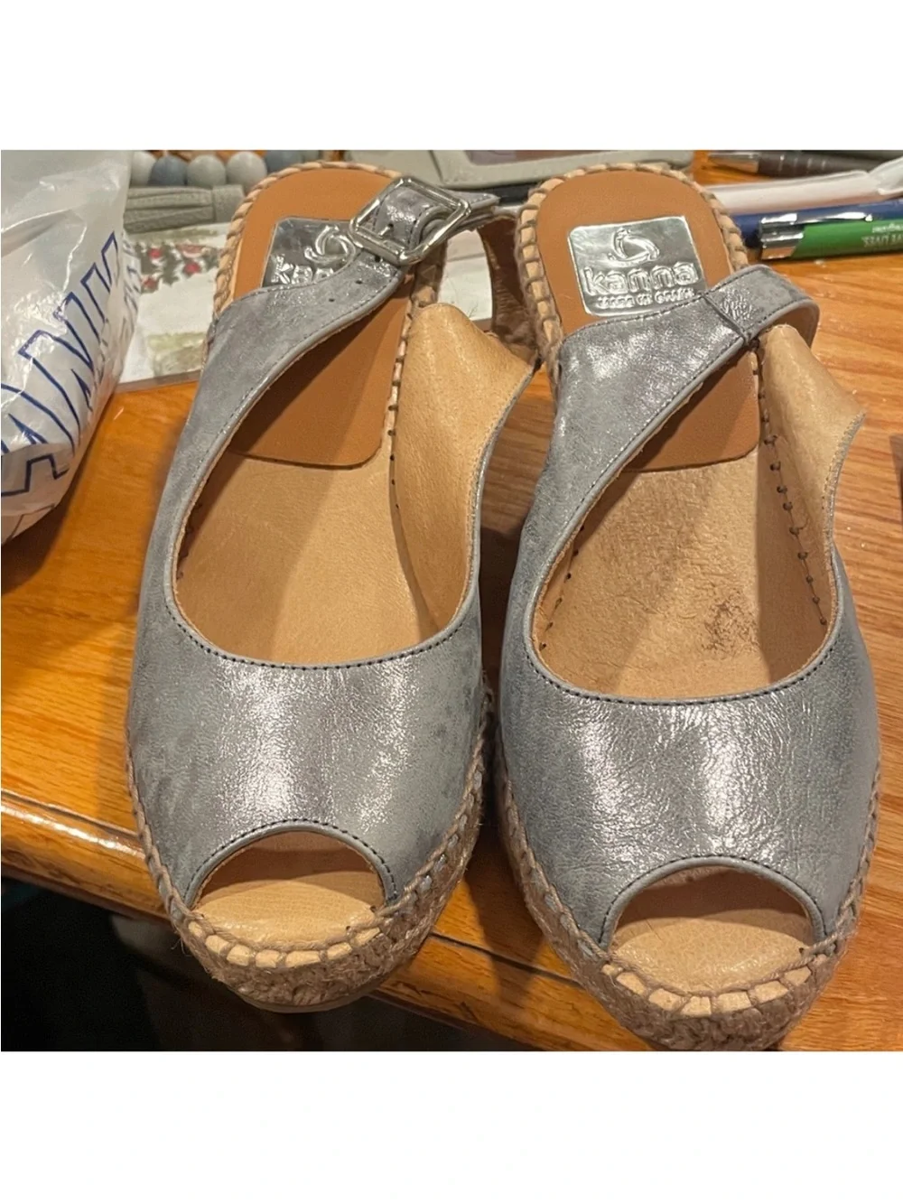 kanna Metallic Silver  Leather Espadrille Wedge Sandals size 37